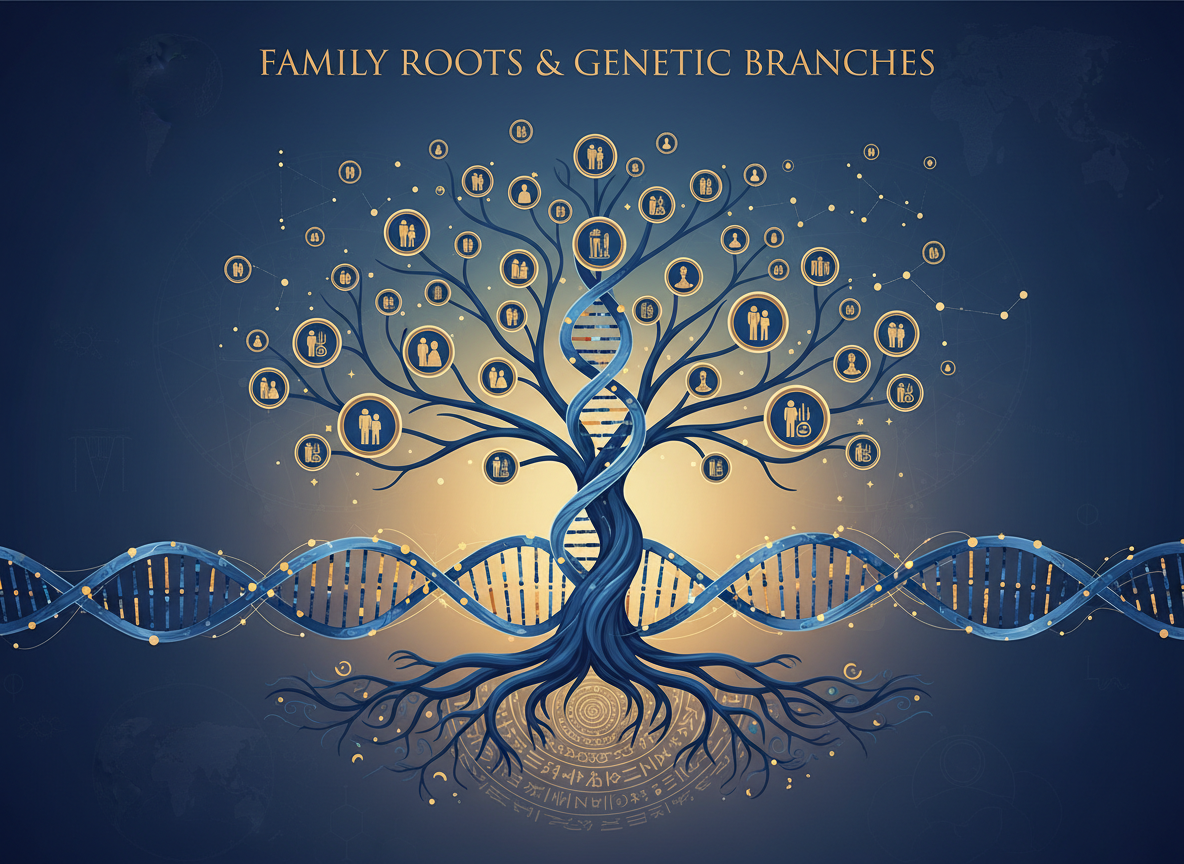 Family tree diagram woven with DNA strands